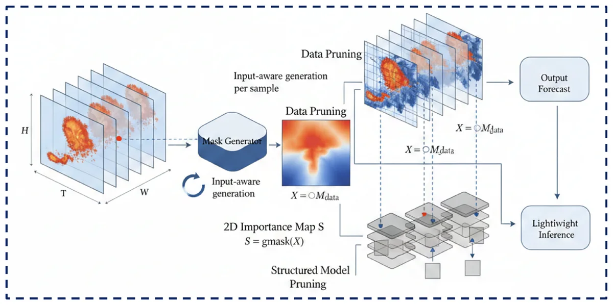 Dyna-Pruner framework jointly producing data and model masks for sparse inference