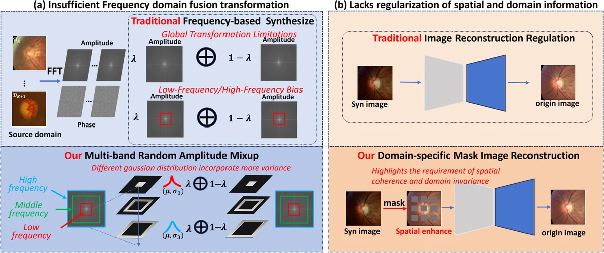 Comparison motivating multi-band amplitude mixup and domain-specific mask image reconstruction